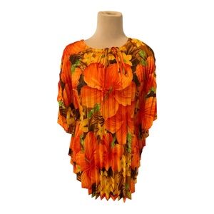 Vtg 70s Pomare Hawaii Psychedelic Neon Hibiscus Pleated Accordion Top Blouse